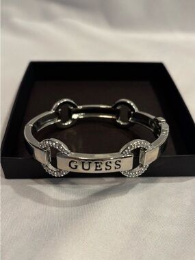 GUESS Silver-Tone Logo Link Bracelet with Crystal Accents